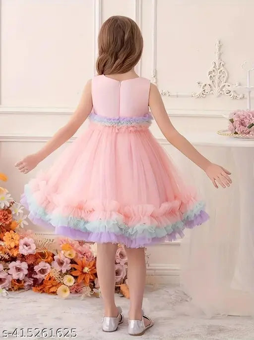 Pink and white lace girls' dress with round neckline