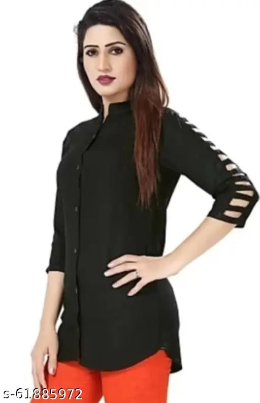 Crepe, three-quarter sleeve solid tunic top from Shirtfancy's low range. XS-XXL sizes available, suitable for women's style tops and jeans. Made in India