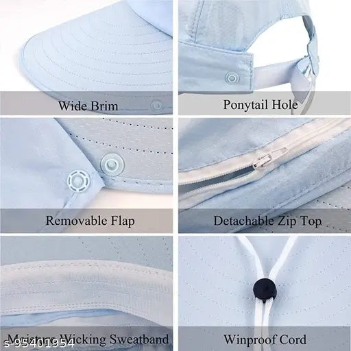 Women's wide brim sun hat with detachable flap, UPF 50+, adjustable drawstring back, UV protection, anti-tan, anti-UV, face mask face cover, blue