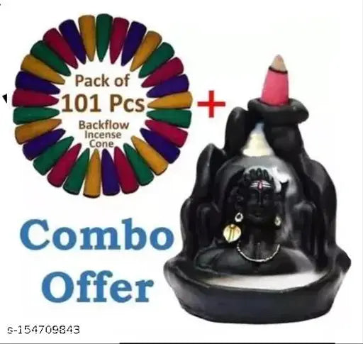 Handcrafted black poly resin Lord Adiyogi Shiv Shankara incense holder with 101 free smoke cones, intricate design featuring crescent moon and tilak, perfect decorative showpiece