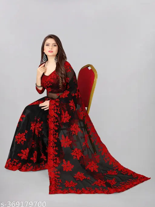 Soft net saree with chikankari all over, embroidered butterfly motif on free size net blouse, India origin