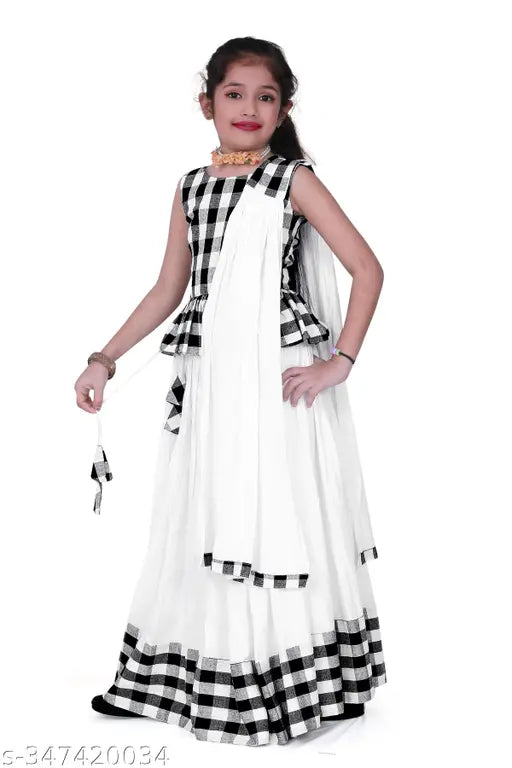 White and color-block Rayon long skirt, sleeveless lehenga for ethnic wear in kids sizes 6-8 years, Indian designer, checkered pattern