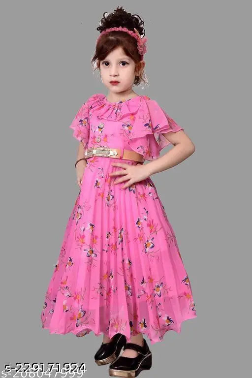 Floral printed pink cotton blend party dress for girls, short sleeves, vibrant floral pattern on Georgette fabric