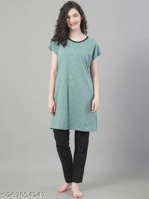 Cotton blend printed nightsuit, cool and attractive Perfect Line women's long pajamas with one pocket in top and two pockets