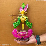 Metal Krishna Ji Decorative T Light Holder - High-quality metal showpiece with intricate detailing, perfect for Diwali, thanks giving, weddings, or home decor. Dimensions: L6.5" x W3" x H11.5". Made in India