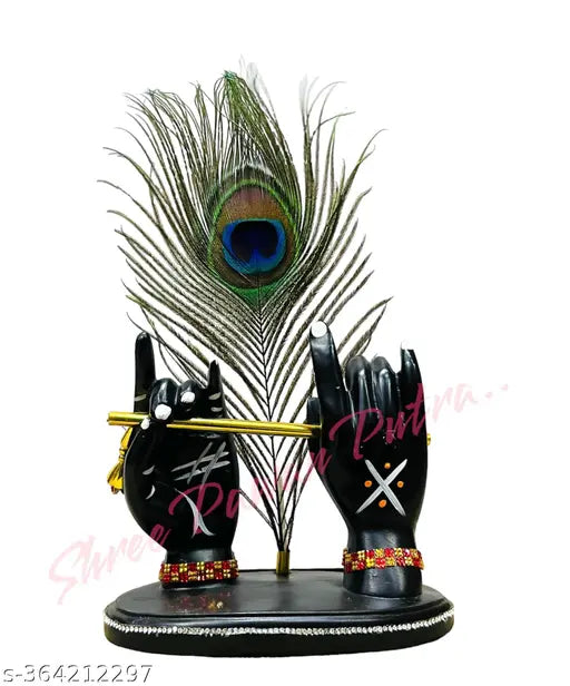 Black ceramic hand statue of Lord Krishna with peacock feathers and flute, temple gift