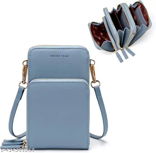 Women's crossbody double zip cell phone bag, over shoulder design, credit card slots