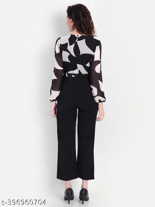 White printed Georgette Georgette jumpsuit, long sleeves, Western style by Soul Essence for women on display stand