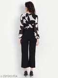 White printed Georgette Georgette jumpsuit, long sleeves, Western style by Soul Essence for women on display stand