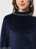 Velvet off-shoulder top for women, solid pattern, long sleeves by Belakiz, India origin