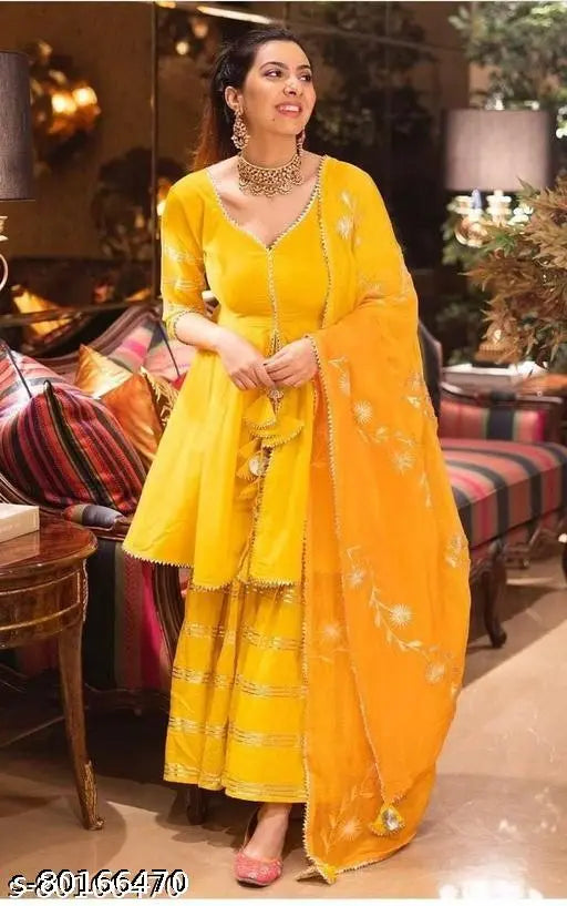Yellow rayon sharara kurta and dupatta set for women's dress for haldi function