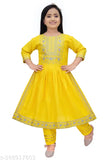 Exquisite yellow cotton blend kurta and calf-length patiala set for girls, intricately designed for festive parties by HIPPOSIPPO