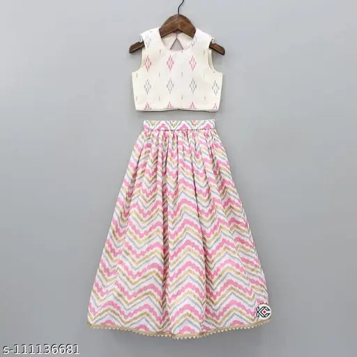Cotton silk lehenga cholis with chevron printed pattern and acrylic dupatta, sleeveless and in various sizes for kids from 2-8 years old