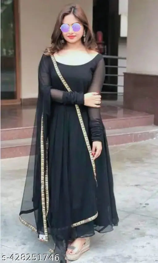 Georgette long-sleeve women's dress, classy and glamorous solid color, size S (36-32-38) from India