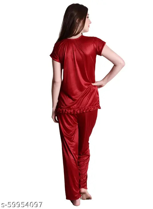 Maroon satin pajama set, sensuous and stylish sleepwear for bedroom or special nights. Senslife® India origin