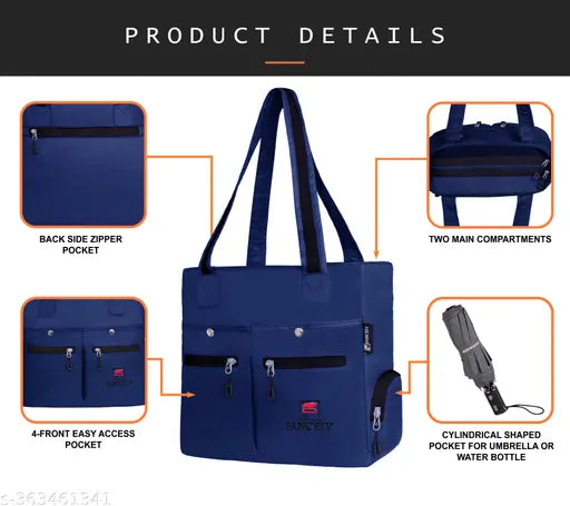Women's fashionable blue shoulder bag with multiple compartments and side pocket, 15 liter capacity, suitable for casual travel or office use, party-ready style