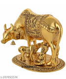 Golden Kamdhenu cow and calf with Little Krishna, Indian metal sculpture, 15.5cm x 12cm x 15cm, ideal for spiritual decor, gifting occasions