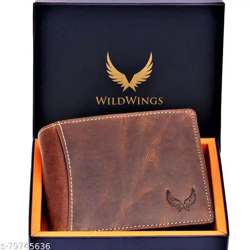 Solid brown 100% genuine leather men's wallet, RFID protected, 2 compartments