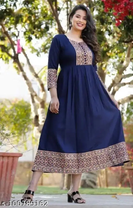 Navy Blue Rayon Three-Quarter Sleeve Anarkali Kurti with Printed Combo, India