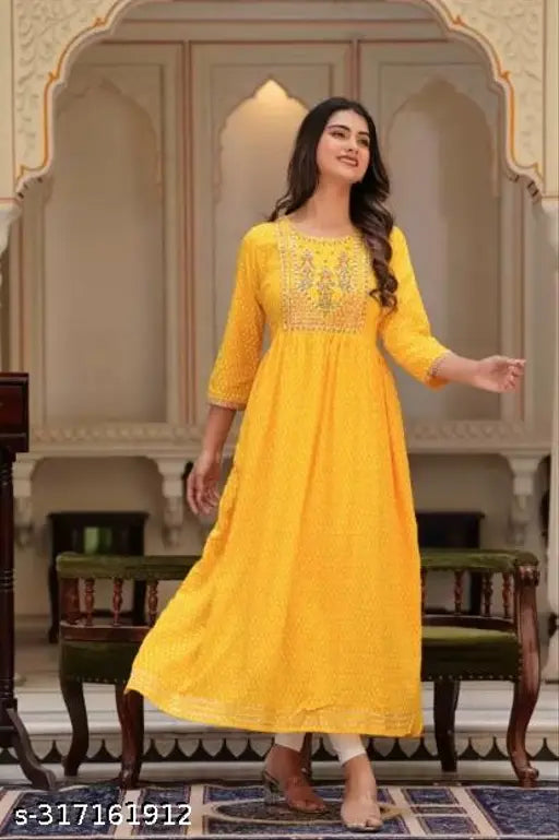 Yellow Rayon Naira Cut Kurti, trendy embroidery work ethnic wear for women's party wear