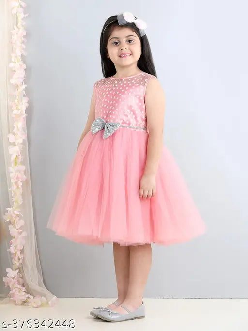 Pink chiffon girls party dress, knee length, lace trim