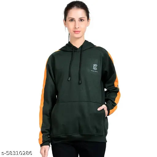Dark green & orange women's cotton blend sweatshirt with kangaroo pocket, premium soft fleece knit, urban styling for trendy winter look