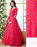 Embroidered net semi-stitched A-line Anarkali gown (M), sunrise yellow with three-quarter sleeves, Indian fashion on model