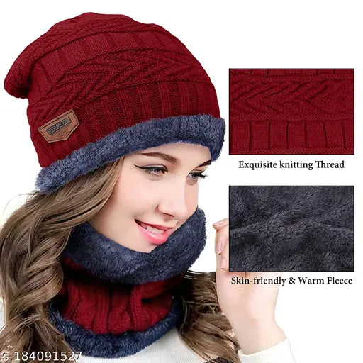 Woolen winter cap for women, knit beanie with neck muffler, warm for snow, maroon color, 2-piece set
