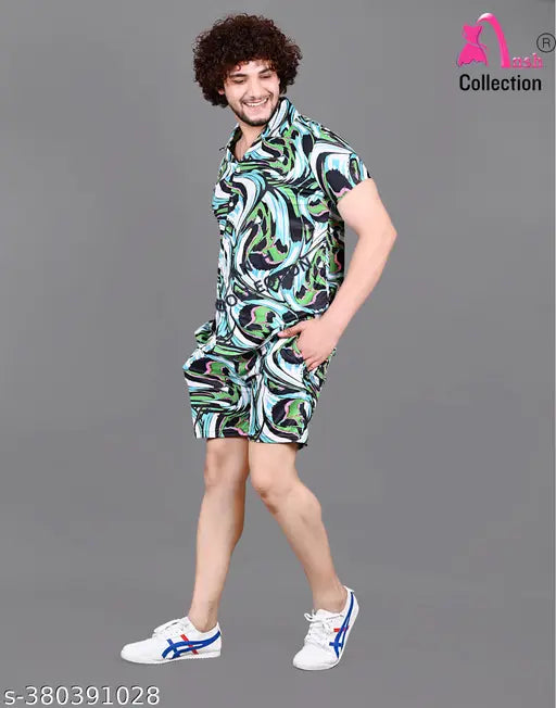 Stylish Ansh Collection coord sets in cotton blend, featuring spaghetti top and shorts for women and men, printed net pattern, available in M, L, XL, XXL, with free scrunches for women. Comfortable sleepwear from ANSH COLLECTION, India origin
