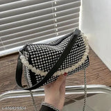 Silver rhinestone embellishments, black leather sling bag with chain strap, pearl handle, evening clutch purse