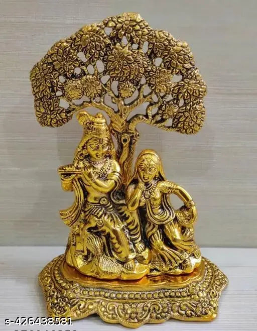 Radha Krishna metal idol under tree, Luck, Happiness, and Prosperity decor for home, office, or gifting - size LBH12.5x8x17 cm (Indian-made)