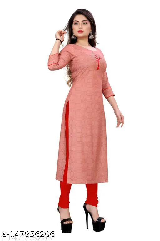 Women's long-sleeved kurti in solid pink with subtle red trim