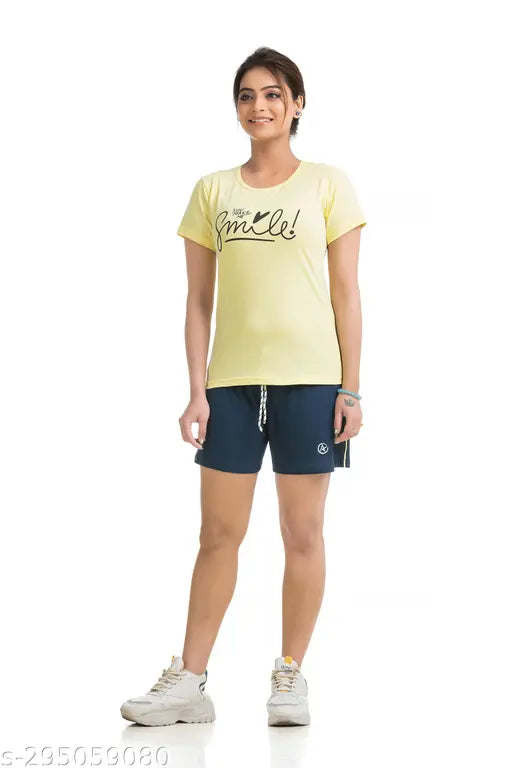 Cotton-blended women's/girls top & shorts set, solid color with slim fit and mid-rise, breathable for daily wear or exercise