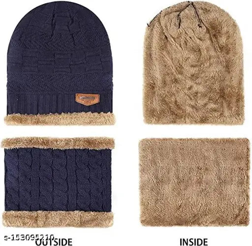 This image depicts a navy blue, chenille-lined knit beanie and scarf set. The items appear to be made of wool, providing warmth and comfort for cold weather