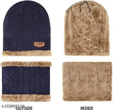 This image depicts a navy blue, chenille-lined knit beanie and scarf set. The items appear to be made of wool, providing warmth and comfort for cold weather