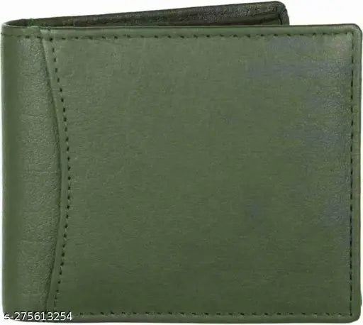 Green genuine leather men's wallet, 12 card slots, free size (11x10cm), solid pattern