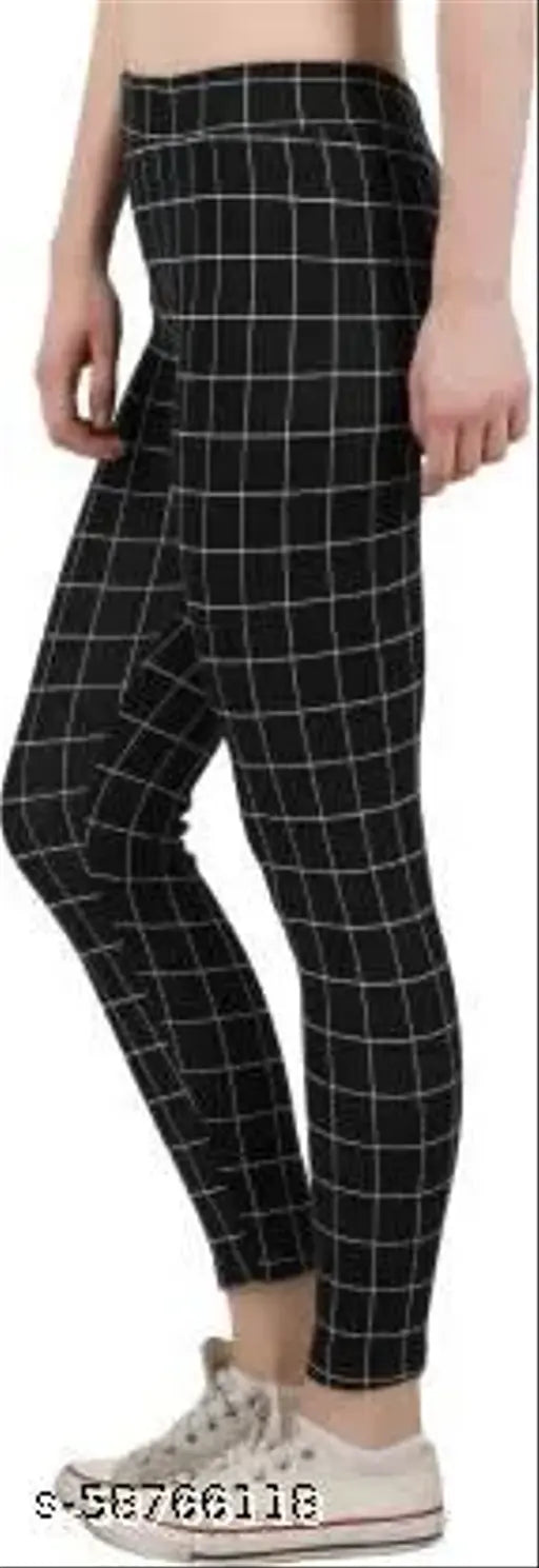 Cotton blend checked women's jeggings for fitness, jogging, yoga, and casual use - adjustable elastic waistband, free-size fits S-M-L (Made in India)