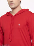 Men Red Long Sleeve with Rib Round Neck Solid Cotton Hooded T-shirt