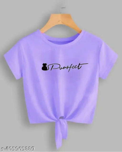 Lavender Lycra crop top with cat print, short sleeves and round neck, size S-XL. Indian-made fashionable crop top for women and girls