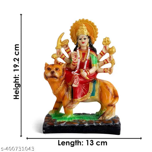 Resin and marble Goddess Durga statue, intricate design with lion, versatile home decor or puja room accessory. Made in India