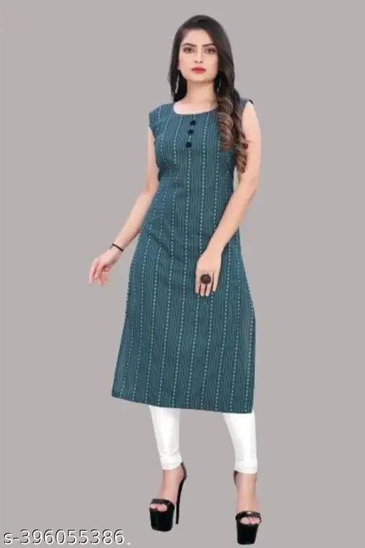 Women's blue cotton A-line kurti, sleeveless, knee-length
