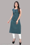 Women's blue cotton A-line kurti, sleeveless, knee-length