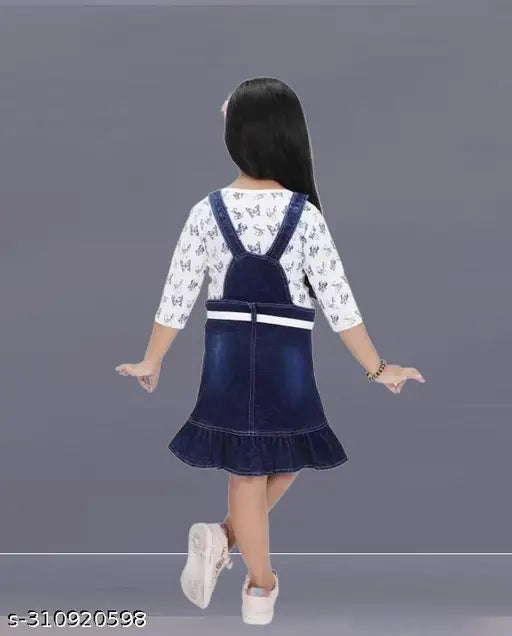 Blue denim jumpsuit with ruffled skirt, adjustable suspenders