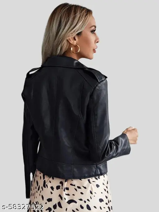 Black PREEGO women's faux leather jacket, premium quality, long sleeves, solid pattern