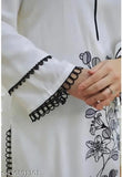 White rayon kurta pant set with long sleeves, printed net pattern on display