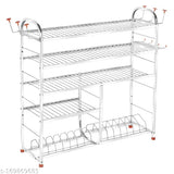 Silver metal 5-shelf kitchen utensils rack with lower shelf for plates and cutlery, modular storage solution