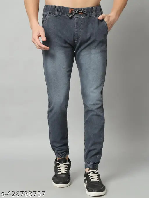 Grey denim stretchable joggers for men's with regular fit and monkey wash, trendy and dyed/washed. (Size 26, 28, 30, 32, Country of Origin: India)