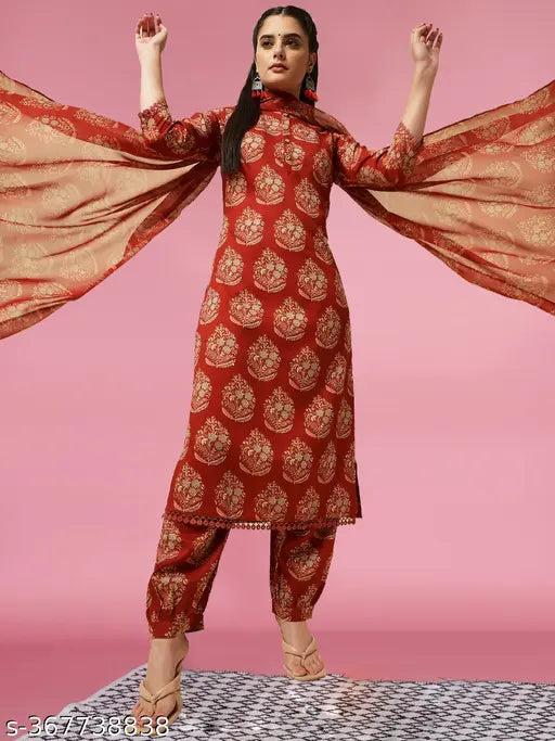 Rayon printed women's kurta set with georgette dupatta, three-quarter sleeves, vibrant Indian traditional attire
