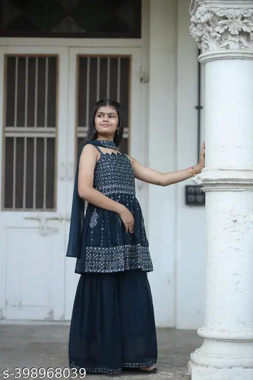 Morpichh blue georgette plazo suit, wide-legged palazzos with embroidered anarkali top for girls aged 3-15, Indian ethnic wear for special occasions