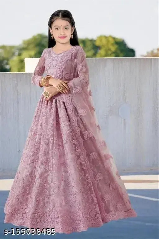 Women's net semi-stitched Lehenga Choli, embroidered with stripes. Heavy net lehenga and dupatta, silk blouse fabric, satin inner. Measurements: Lehenga flair 2.50 mtr, waist-44", height-43". Blouse (unstitched) 0.90 meter, dupatta length 2.20 mtr. Made in India